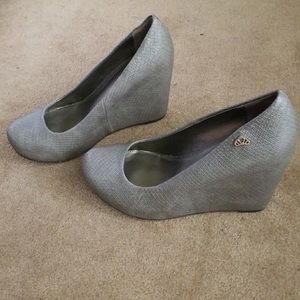 Fergalicious Gray Snakeskin Wedges
